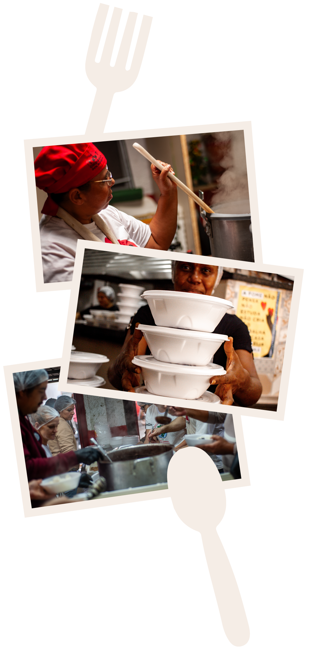 fotos da cozinha solidária com pessoas cozinhando e segurando marmitas